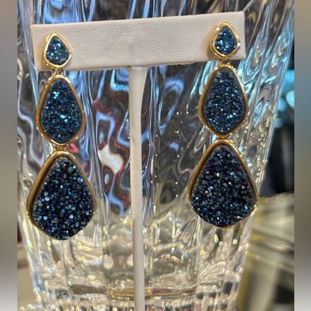 MARCIA MORAN 3 station deep blue dangle druzy Earrings